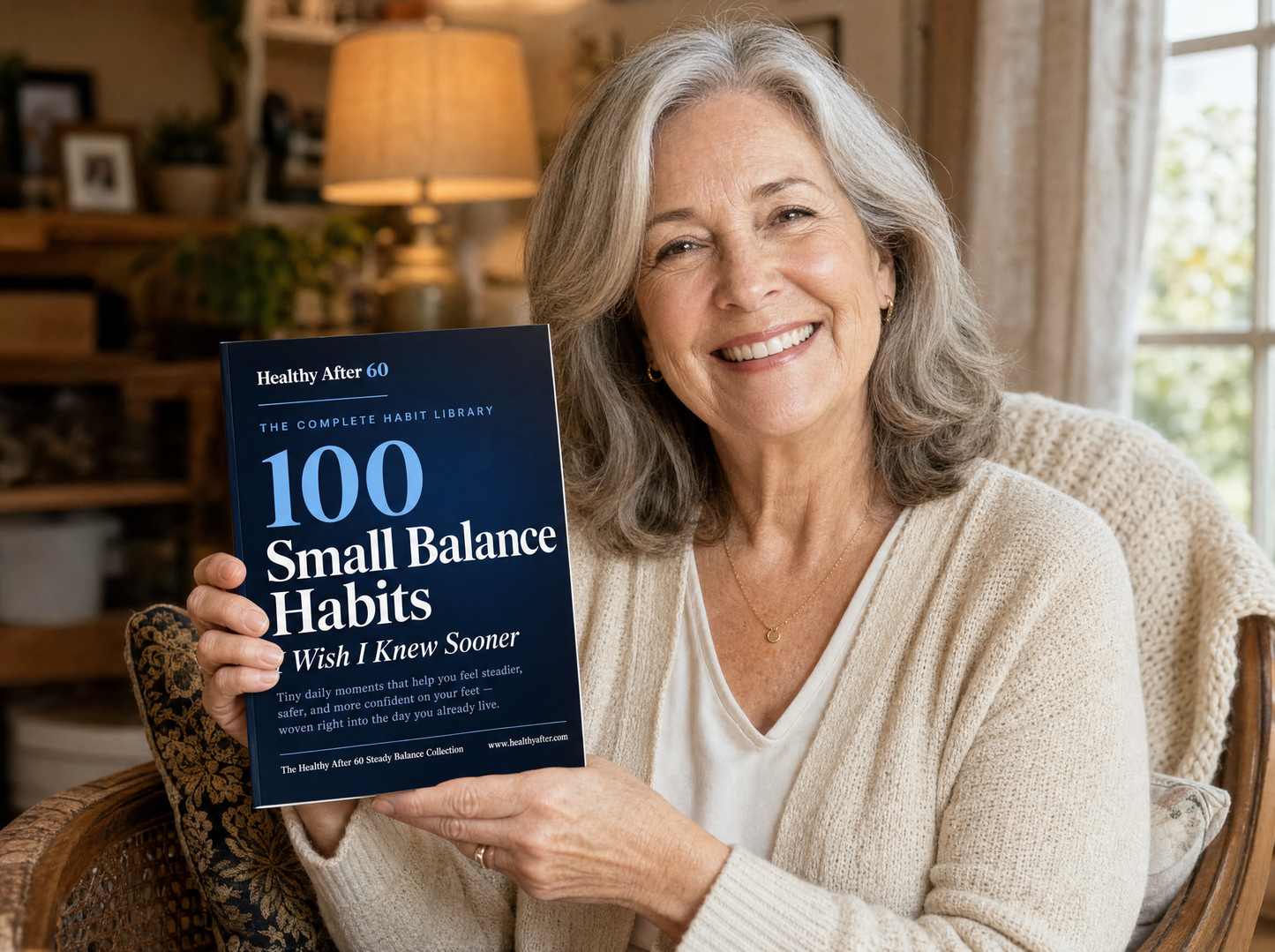 Woman holding the physical paperback copy of the bonus book 100 Small Balance Habits