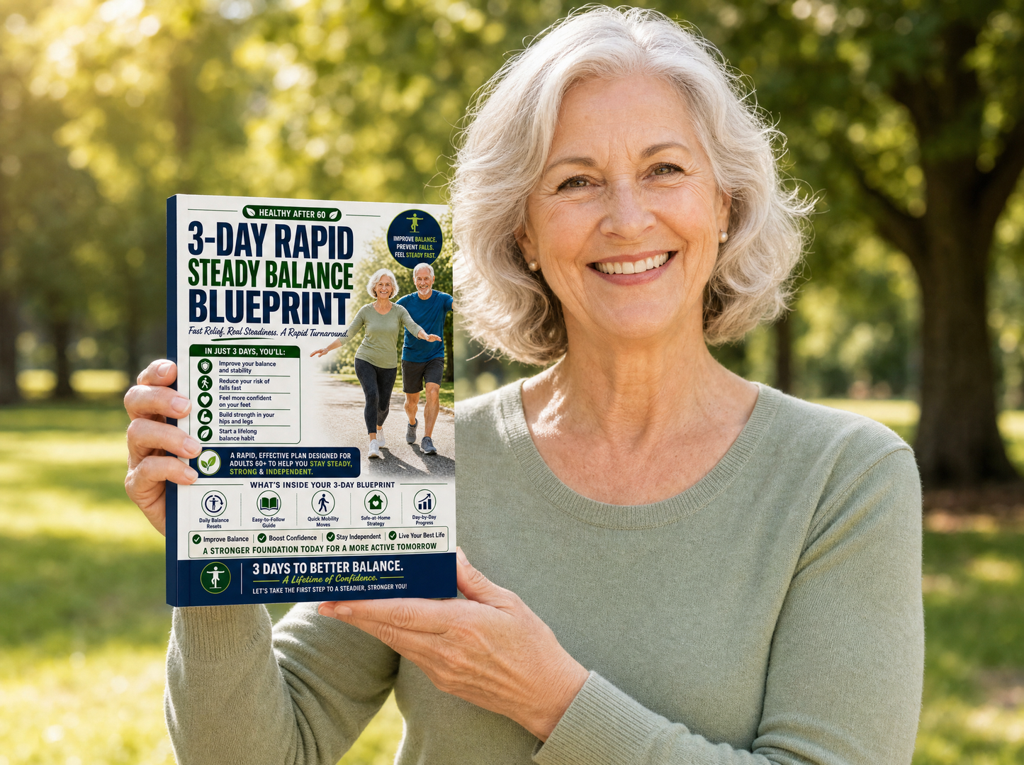 Woman holding the 3-Day Rapid Steady Balance Blueprint paperback book outdoors
