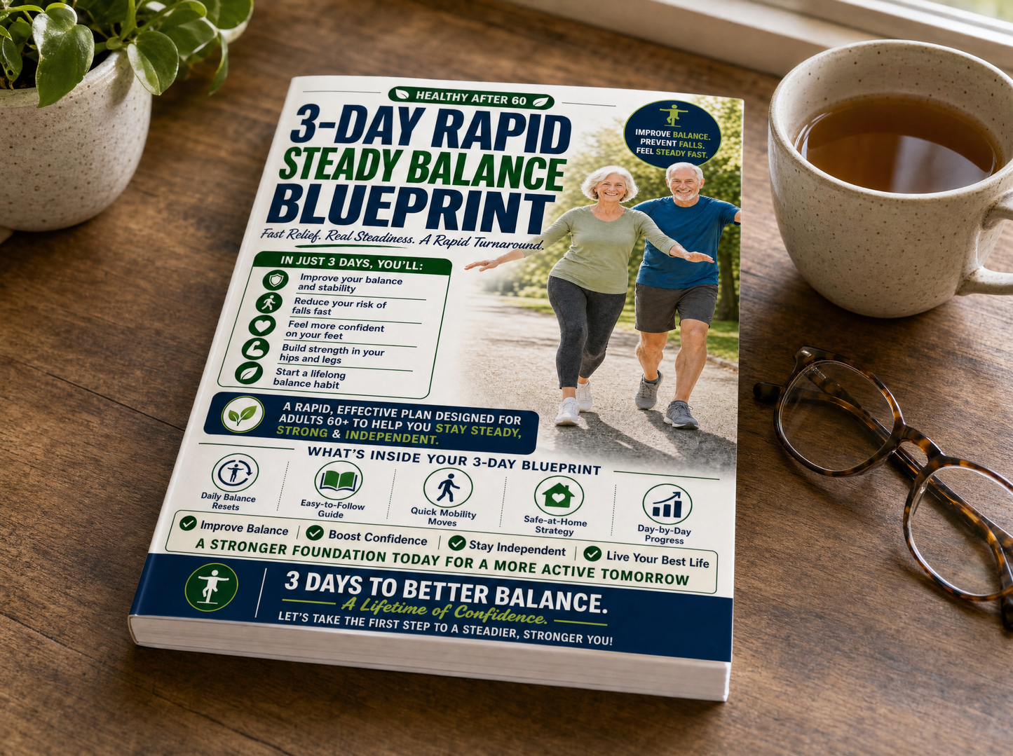 3-Day Rapid Steady Balance Blueprint paperback book flat lay with tea and reading glasses