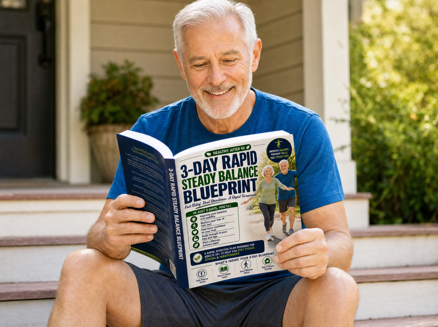 Man reading the 3-Day Rapid Steady Balance Blueprint paperback book on his porch