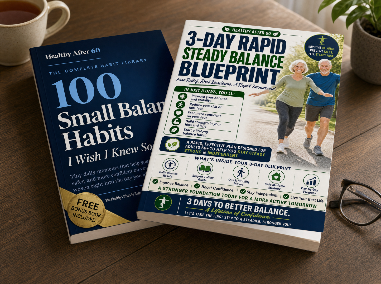 The 3-Day Rapid Steady Balance Blueprint and the free bonus 100 Small Balance Habits book, both physical paperback copies stacked together